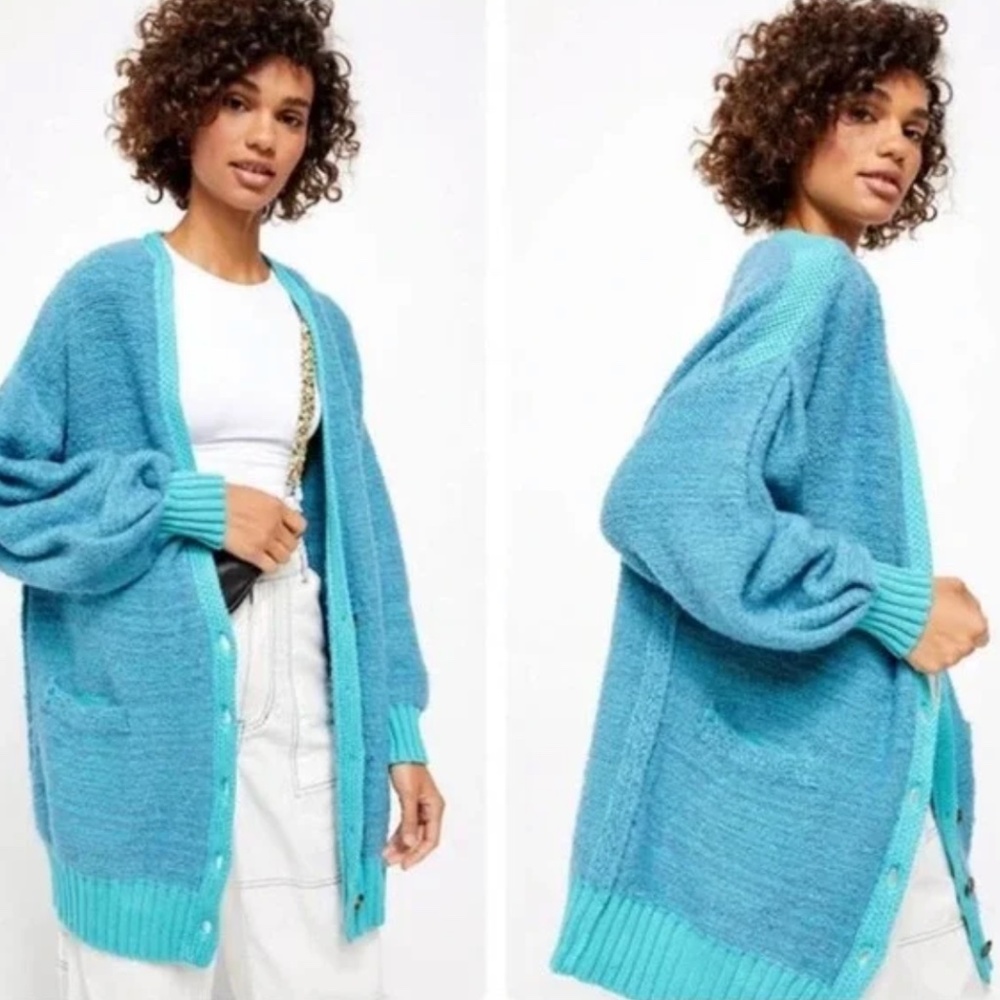 Free People Oversized Blue Aqua Knit Cardigan